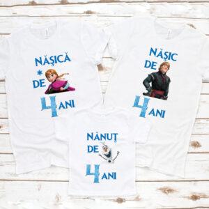 Set de 3 tricouri albe, 2 tricouri pentru adulti si un tricou pentru copii, cu imprimeu cu personaje din Frozen, personalizate pentru aniversari sau taiere de mot