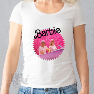 Tricou alb de dama cu imprimeu Barbie, personalizat cu nume