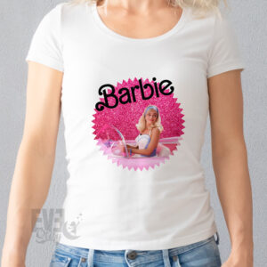 Tricou de dame alb, cu imprimeu Barbie, personalizat cu nume