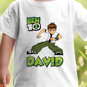 Tricou alb cu imprimeu Ben 10, personalizat cu nume