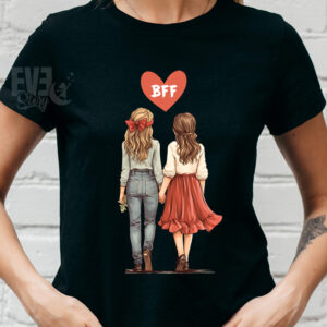 Tricou negru pentru dame, cu imprimeu cu 2 fete care se tin de mana si o inima cu textul BFF. Idee de cadou pentru cea mai buna prietena