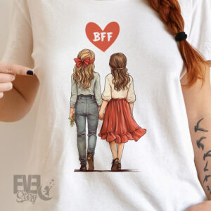 Tricou alb pentru dame, cu imprimeu cu 2 fete care se tin de mana si o inima cu textul BFF. Idee de cadou pentru cea mai buna prietena