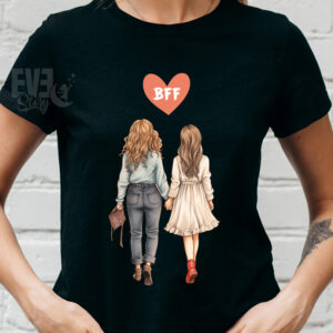 Tricou negru pentru dame, cu imprimeu inima cu textul BFF si 2 fete care se tin de mana