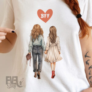 Tricou alb pentru dame, cu imprimeu inima cu textul BFF si 2 fete care se tin de mana