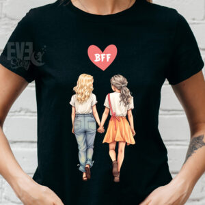 tricou negru pentru dame, maneca scurta, cu imprimeu cu 2 fete care se tin de mana si o inima cu textul BFF, Best Friends