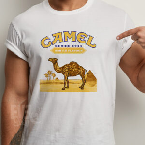 Tricou alb pentru adulti cu imprimeu cu tematica tigarilor Camel