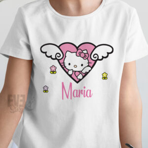 Tricou alb pentru copii cu imprimeu Hello Kitty, personalizata cu nume