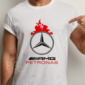 Tricou alb cu imprimeu Amg Petronas si logo Mercedes in flacari