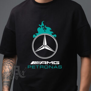 Tricou negru cu imprimeu Amg Petronas si logo Mercedes in flacari