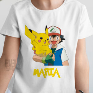 Tricou alb pentru copii, cu imprimeu cu Pikachu, personalizat cu nume