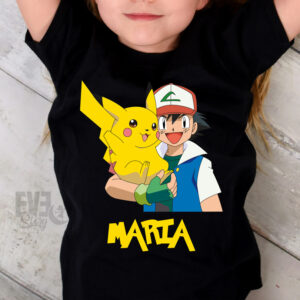 Tricou negru pentru copii, cu imprimeu cu Pikachu, personalizat cu nume