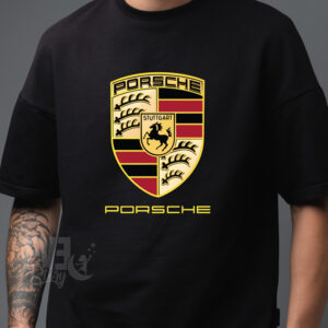 Tricou negru pentru barbati sau dame, cu imprimeu cu emblema Porsche si textul Porsche