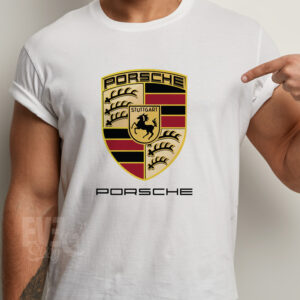 Tricou alb pentru barbati sau dame, cu imprimeu cu emblema Porsche si textul Porsche
