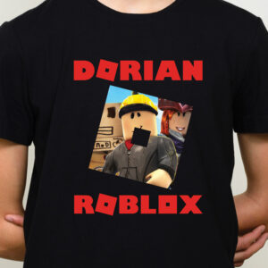 Tricou negru pentru copii cu imprimeu Roblox, personalizat cu nume