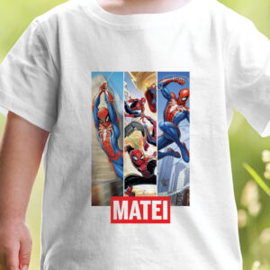 Tricou alb cu maneca scurta pentru copii, cu imprimeu imagini cu Spiderman in actiune, personalizat cu nume