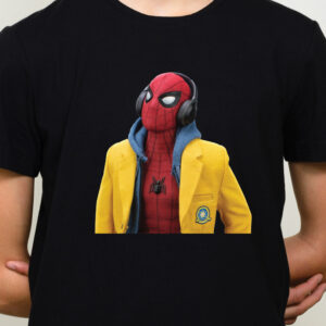 Tricou negru pentru copii, cu imprimeu cu Spiderman purtand casti