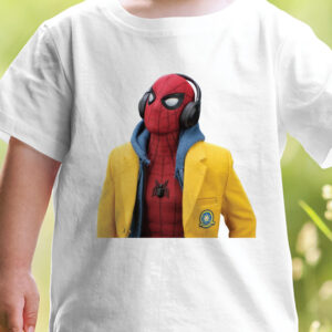 Tricou alb pentru copii, cu imprimeu cu Spiderman purtand casti