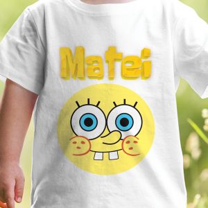 Tricou pentru copii de culoare alba, maneca scurta, cu imprimeu Spongebob, personalizat cu nume