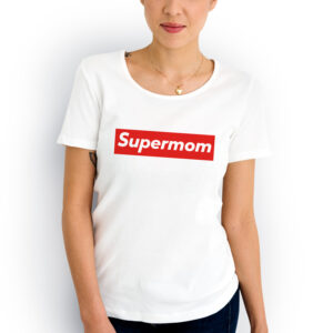 Tricou alb pentru dame, cu imprimeu Supermom, un cadou perfect pentru mama