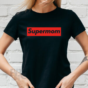 Tricou negru pentru dame, cu imprimeu Supermom, o idee de cadou perfecta pentru mama