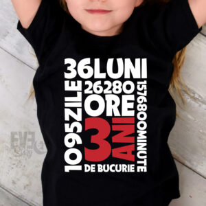 Tricou negru pentru copii de 3 ani, cu imprimeu aniversar