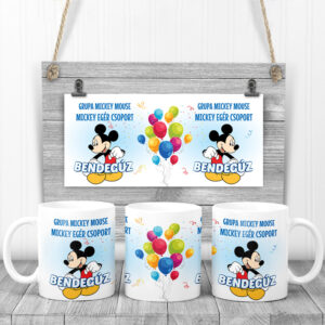 Cana alba cu imprimeu cu Mickey Mouse si baloane, personalizata cu mesaj si nume