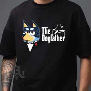 Tricou negru pentru barbati cu tematica Godfather, cu imprimeu cu Bandit din desenul animat Bluey si Bingo
