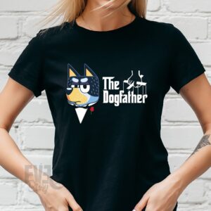 Tricou negru de dame cu tematica "The Godfather" cu imprimeu amuzant cu Bandit din desenul Bluey si Bingo