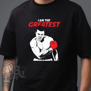 Tricou negru pentru adulti cu imprimeu cu silueta boxerului Muhammad Ali si textul "I Am The Greatest"