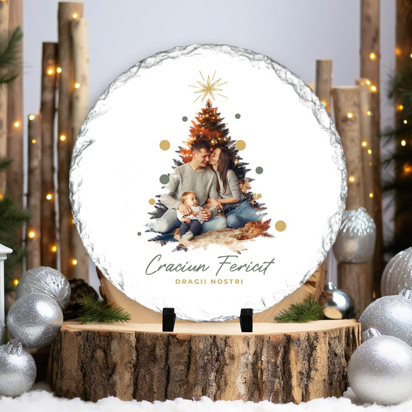 Piatra de ardezie personalizata cu poza si mesaj cu model de Craciun, de diferite forme