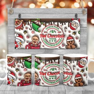 Cana de Craciun cu efect 3D, 350ml, cu text "North Pole Hot Chocolate Premium Christmas Blend"