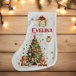 Ciorap Moș Nicolae personalizat cu nume, model cu brad, turtă dulce și cadou de Crăciun