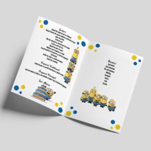 Meniu pentru botez cu Minioni, din carton Lucios de 300g, culori galben cu albastru, A4