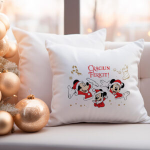 Perna alba de Crăciun cu imprimeu Mickey si Minnie, personalizata cu nume, 40x40cm, poliester