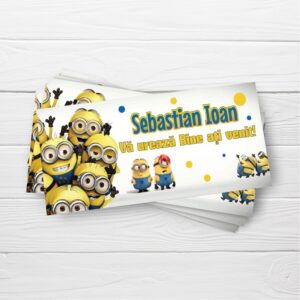 Plicuri de bani pentru botez cu Minioni, 20x9cm, culoare albastru cu galben, carton lucios fotografic 240g