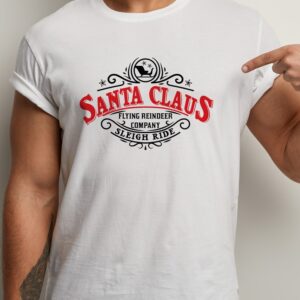 Tricou alb unisex, cu imprimeu "Santa Claus Flying Reindeer Company Sleigh Ride", bumbac 100%, regular fit, rezistent la spalari