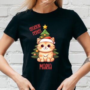 Tricou negru cu imprimeu "pisica si brad" personalizat cu mesaj, culoare alb, unisex, regulat fit, 100% bumbac, rezistent la spalari