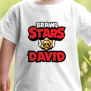 Tricou alb pentru copii cu imprimeu Brawl Stars, personalizat cu nume, culoare alba, rezistent la spalari, bumbac 100%