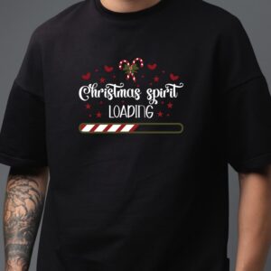 Tricou amuzant pentru Craciun cu imprimeu "Christmas Spirit Loading", culoare negru, Unisex, Regular Fit, Bumbac 100%, rezistent la spălări