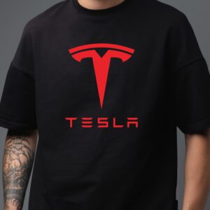 Tricou negru pentru adulti cu imprimeu cu Logo Tesla, Unisex, Regular Fit, bumbac 100%