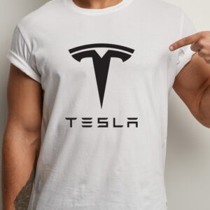 Tricou alb pentru adulti cu imprimeu cu Logo Tesla, Unisex, Regular Fit, bumbac 100%