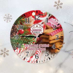 Cadou de Crăciun ceas de perete personalizat cu mesaj, diametru 20cm, Sticlă sau MDF