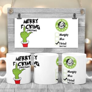 Cană Grinch Merry Fucking Christmas, 350ml, ceramică, rezistentă la maşina de spălat vase