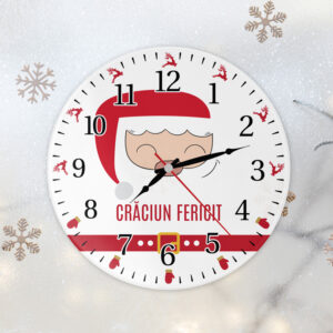 Ceas de perete Moş Crăciun, personalizat cu mesaj, 20cm, Sticlă sau MDF