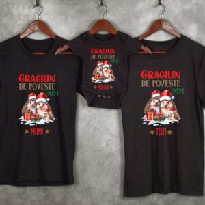 Set de 3 tricouri negre pentru Craciun, pentru familie, personalizate cu mesaj, rezistente la spalari, bumbac 100%, Regular Fit