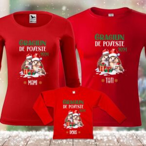 Set tricouri personalizate Craciun, familie de arici, mânecă lungă, culoare roşie, rezistente la spălări, bumbac 100%, Regular Fit