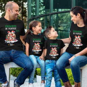 Set de 4 tricouri negre pentru Craciun, pentru familie, personalizate cu mesaj, rezistente la spalari, bumbac 100%, Regular Fit