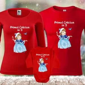Set tricouri Crăciun Prinţesa Sofia, mânecă lungă, culoare roşu, personalizate, rezistente la spălări, bumbac 100%, Regular Fit