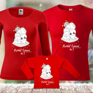 Set de 3 tricouri pentru familie, culoare rosie, maneca lunga, cu imprimeu cu pisici, personalizate cu nume sau mesaj, bumbac 100%, Regulat Fit, rezistente la spalari