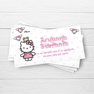 Plicuri de bani Hello Kitty pentru botez, model fundite 20x9cm, culoare roz, carton lucios fotografic 240g